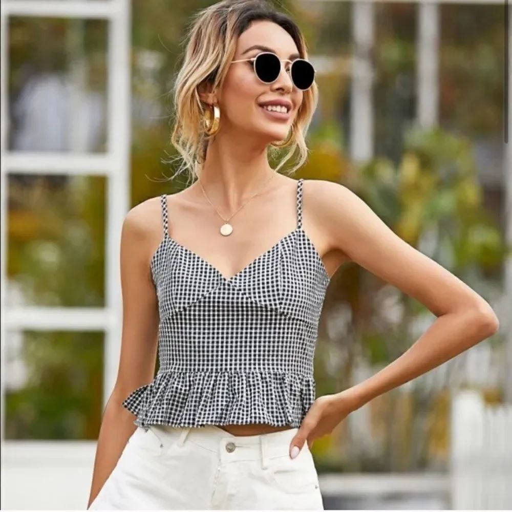 Gingham Print Spaghetti Strap Peplum Style Cami